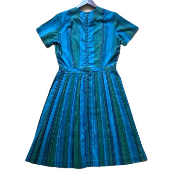 Vintage 1950s Handmade Blue and Green Flared Pleated Dress - Picture 3 of 5